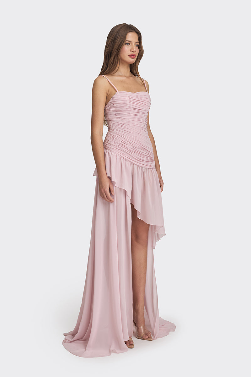 ASYMMETRIC DRAPED CHIFFON MINI DRESS IN DUSTY PINK - CULT MIA