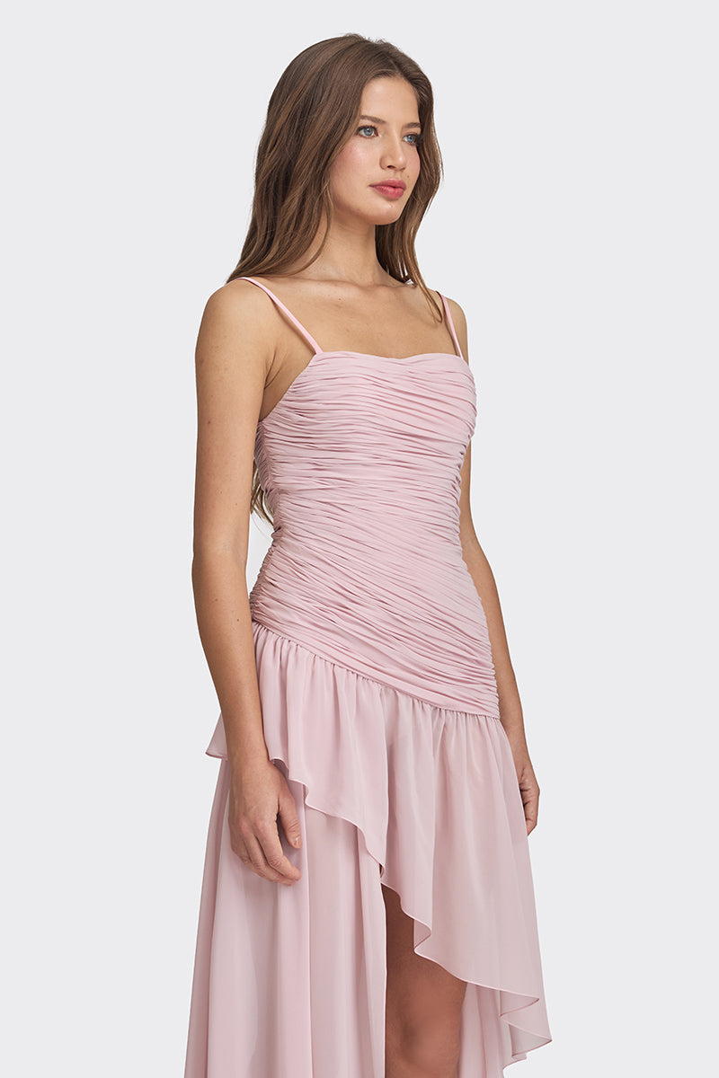 ASYMMETRIC DRAPED CHIFFON MINI DRESS IN DUSTY PINK - CULT MIA