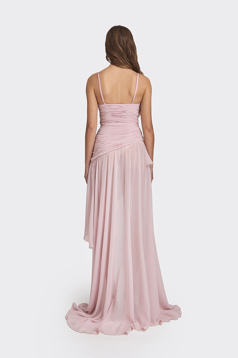 ASYMMETRIC DRAPED CHIFFON MINI DRESS IN DUSTY PINK - CULT MIA