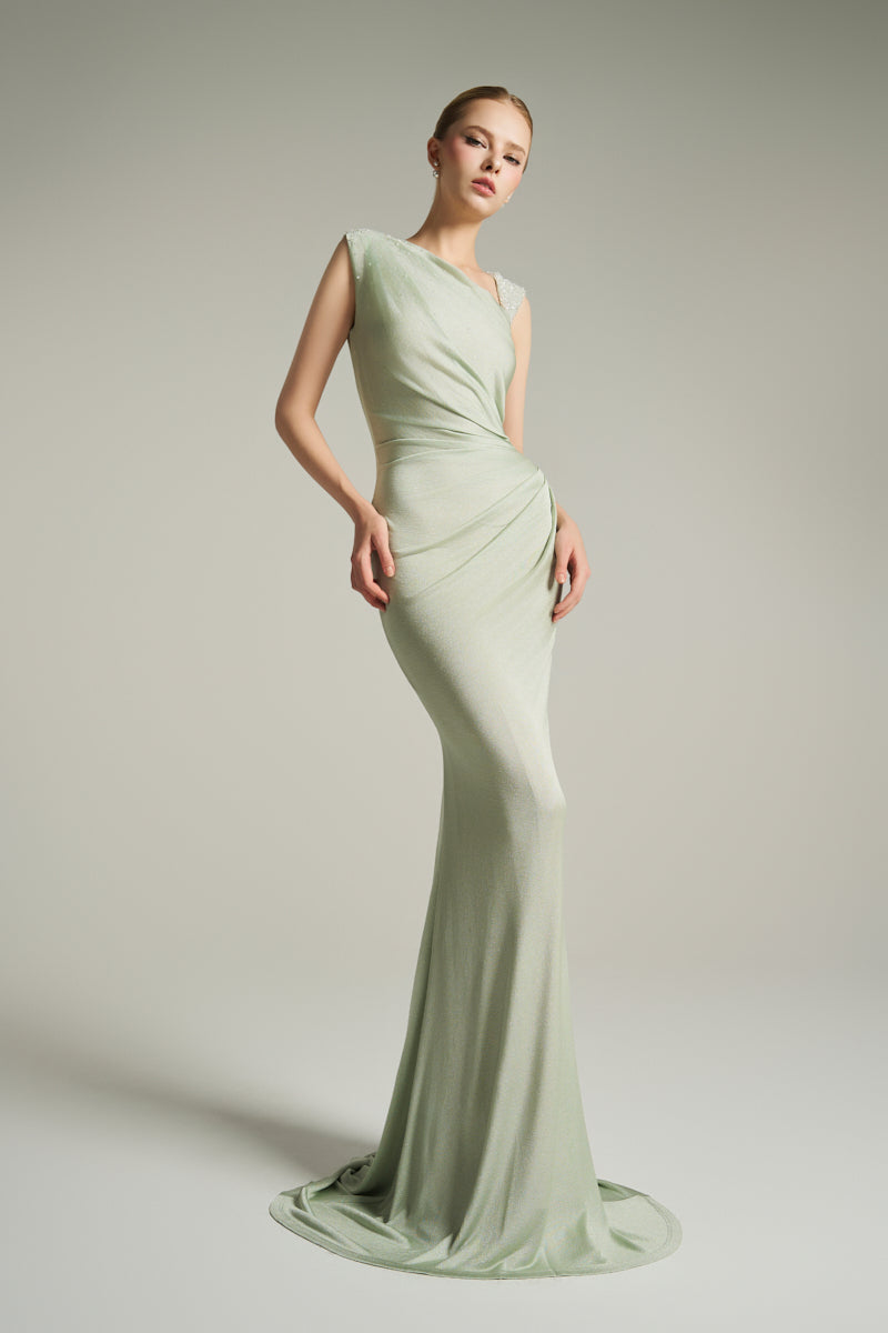 ASYMMETRIC NECKLINE GOWN IN MINT - CULT MIA