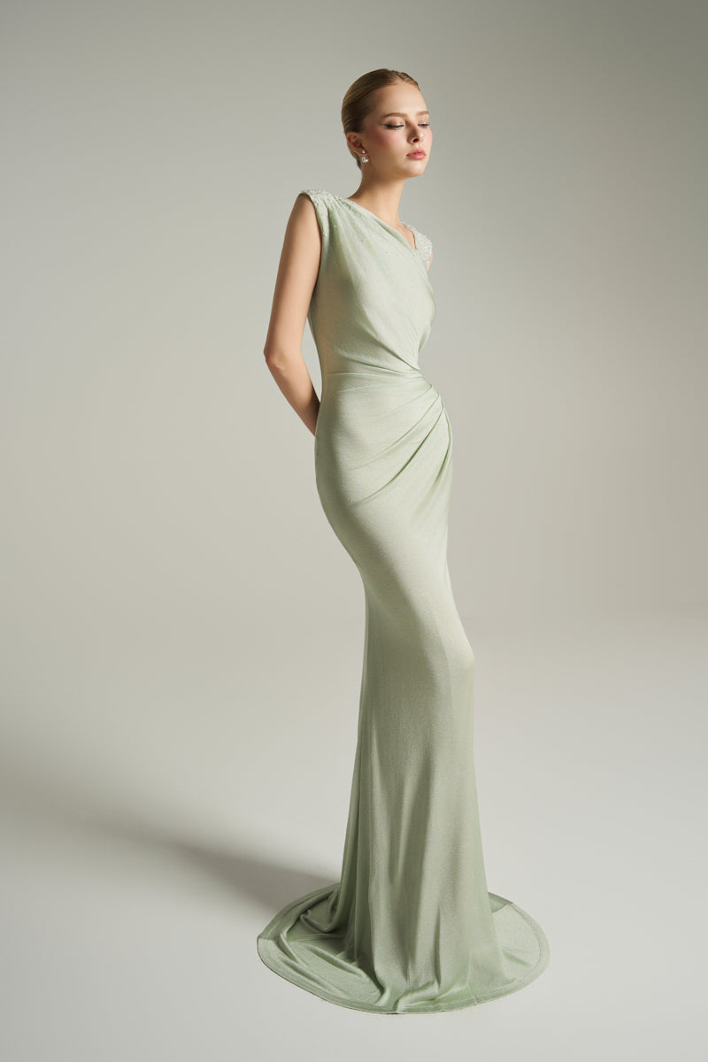 ASYMMETRIC NECKLINE GOWN IN MINT - CULT MIA