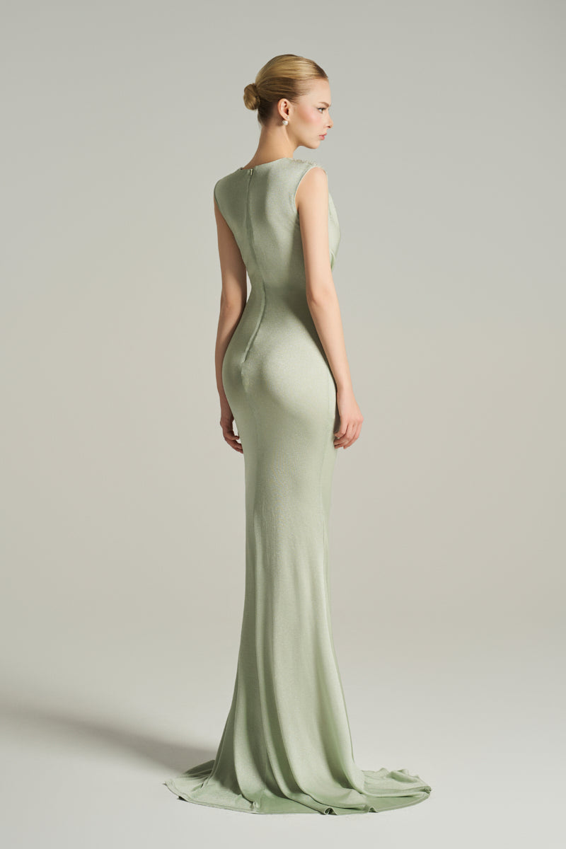 ASYMMETRIC NECKLINE GOWN IN MINT - CULT MIA