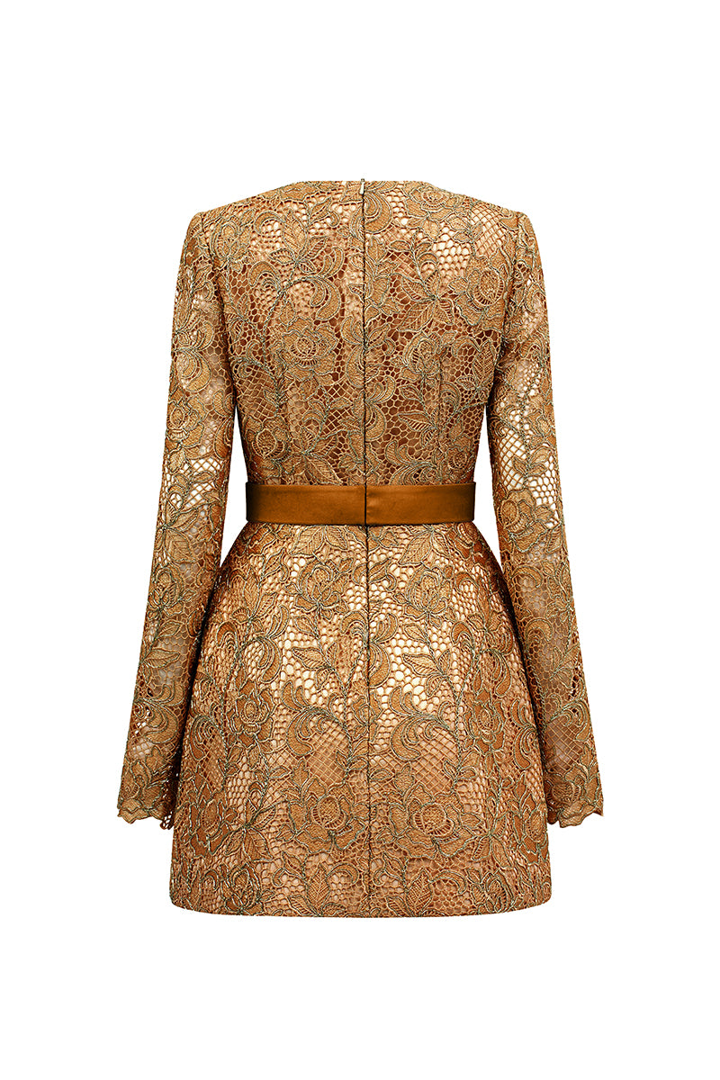 LONG SLEEVE LACE MINI DRESS IN BROWN - CULT MIA