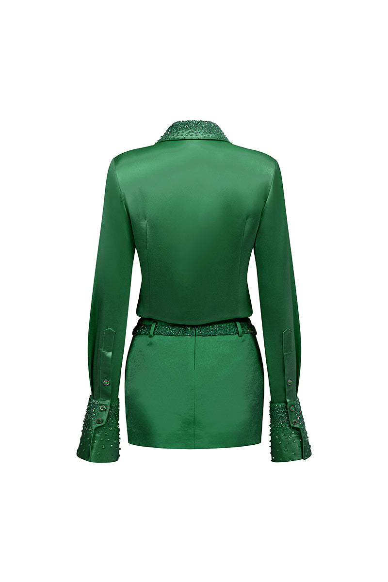 SATIN SHIRT AND SKIRT SET IN DARK GREEN - CULT MIA
