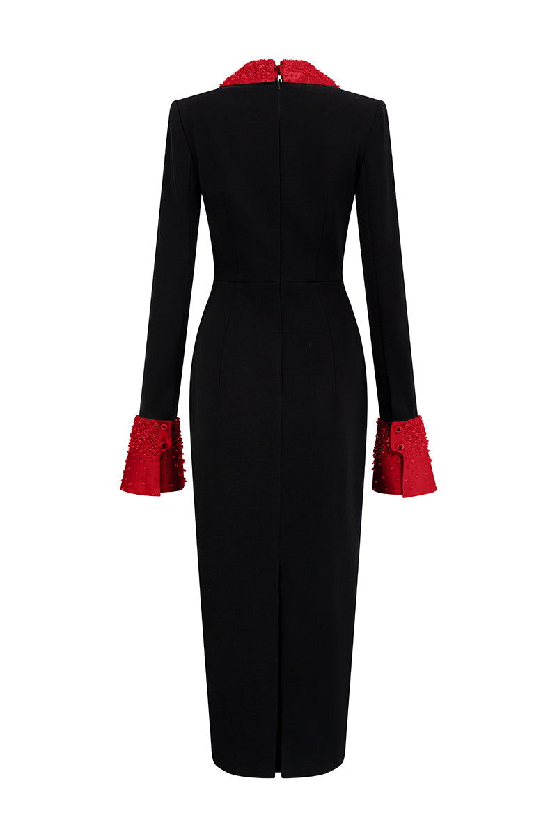 V-NECK FLARED CUFF KNEE LENGTH DRESS IN BLACK AND RED - CULT MIA