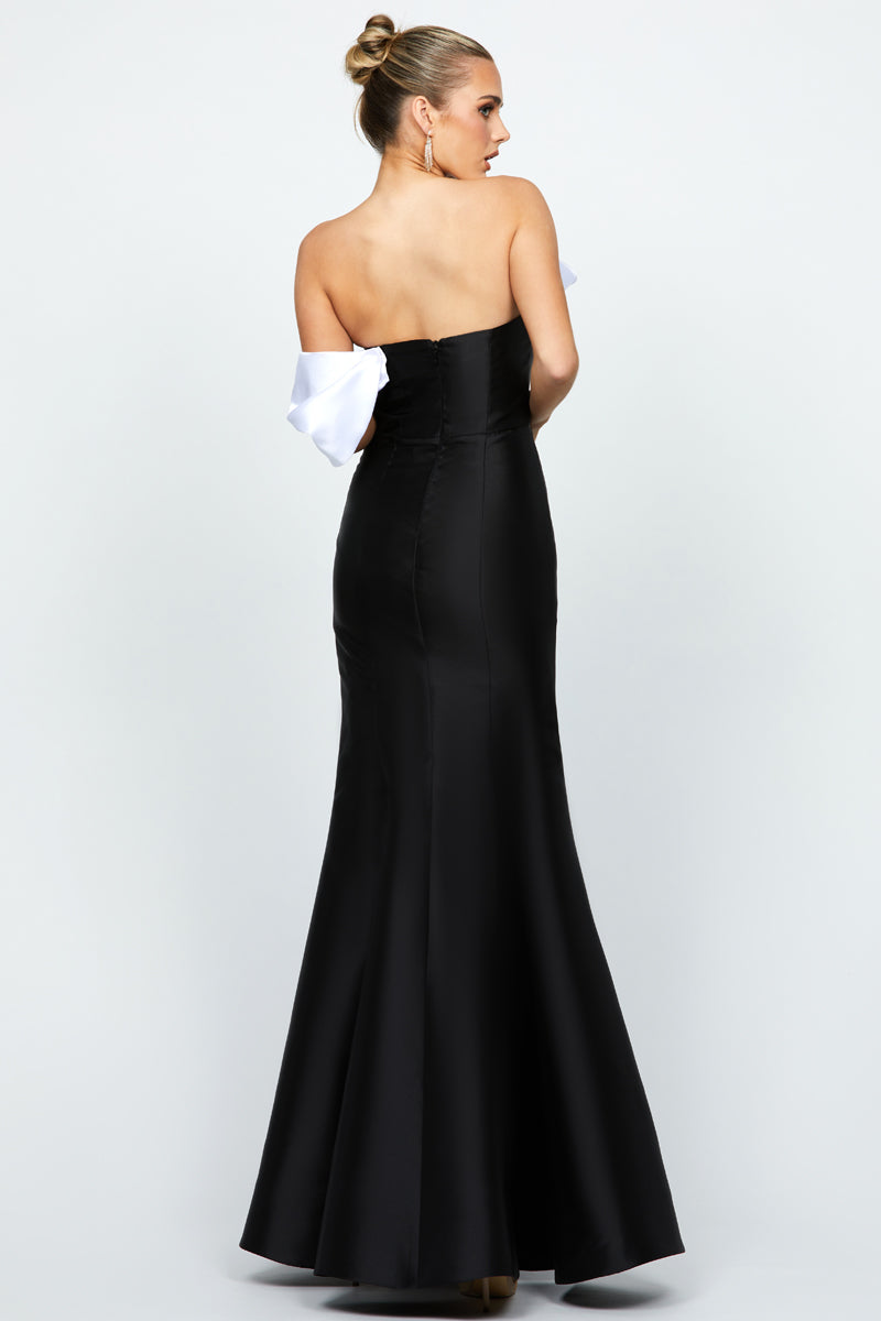 EMELY ONE SHOULDER RUFFLE GOWN IN BLACK AND WHITE - CULT MIA