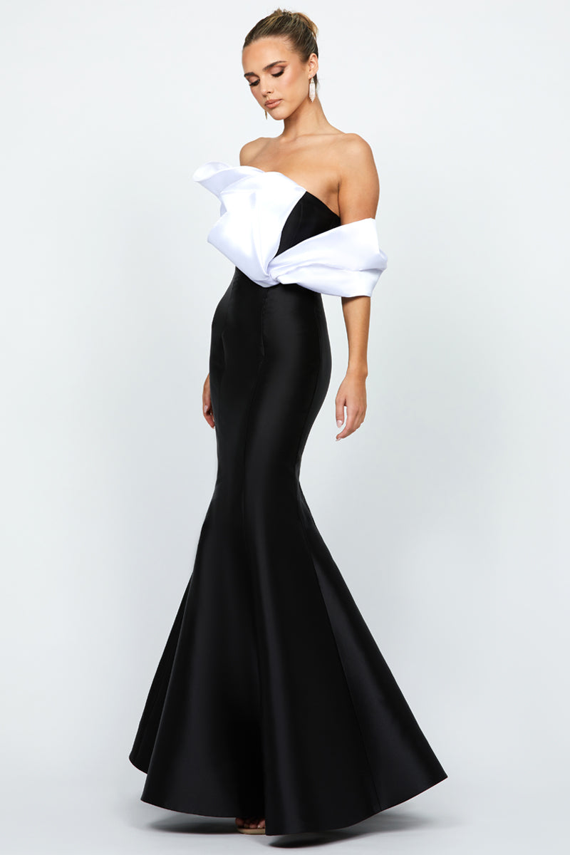 EMELY ONE SHOULDER RUFFLE GOWN IN BLACK AND WHITE - CULT MIA