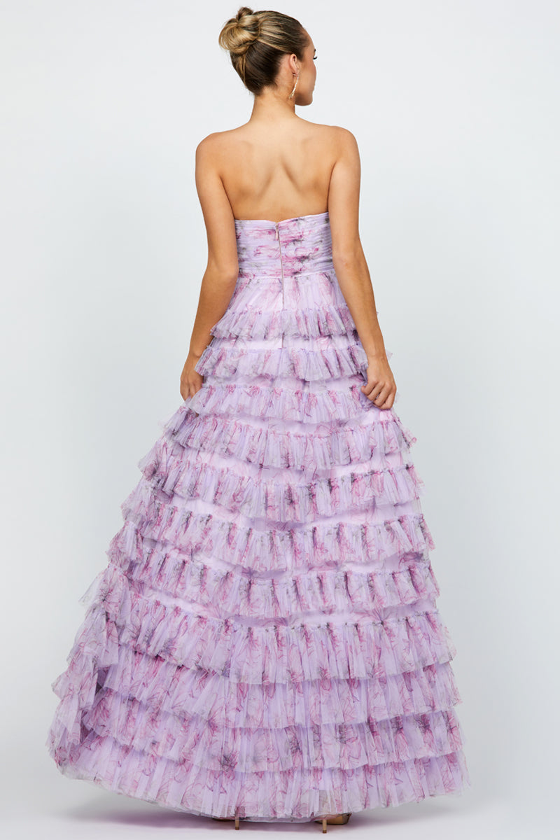 HARMONI STRAPLESS TIERED BALL GOWN IN LILAC PRINT - CULT MIA