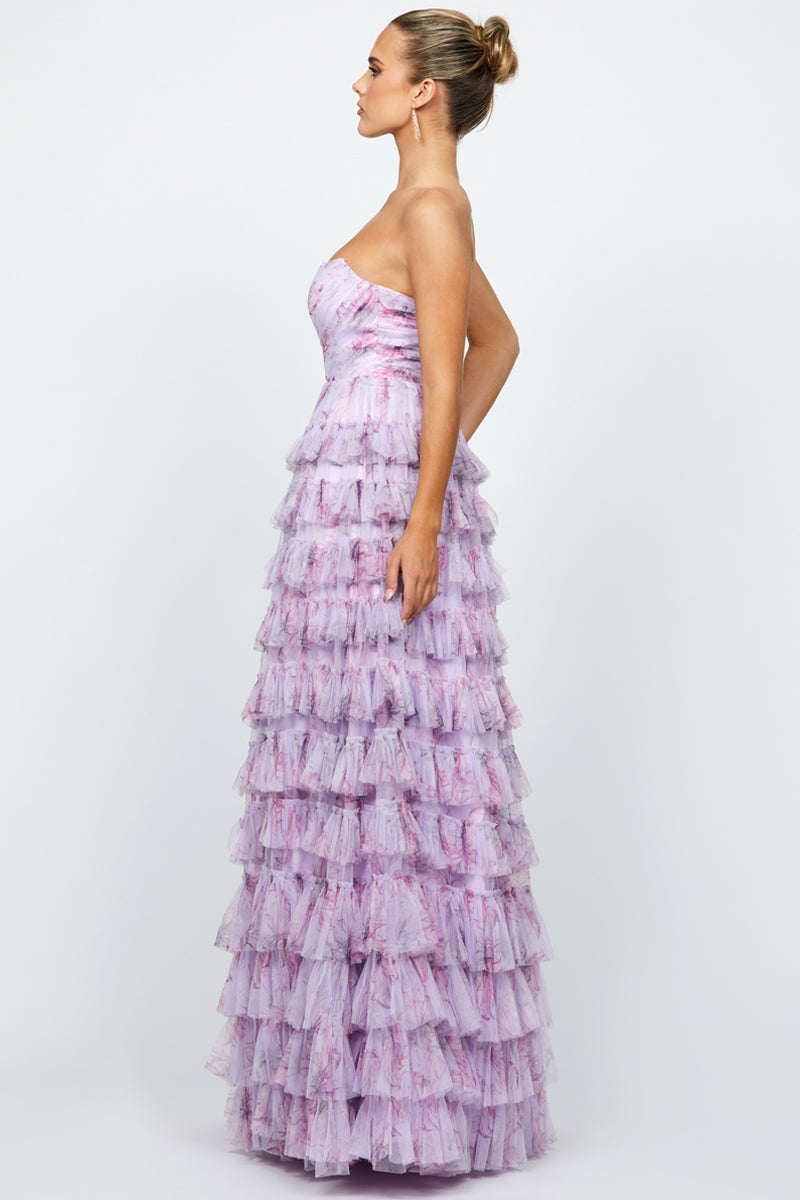 HARMONI STRAPLESS TIERED BALL GOWN IN LILAC PRINT - CULT MIA