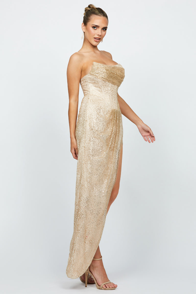 SCARLETTE CORSET CUT AWAY GOWN IN GOLD - CULT MIA