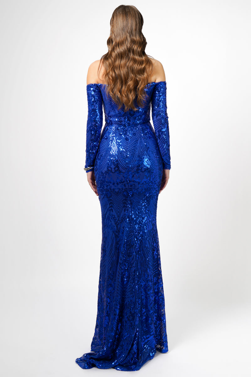 ZOYA LONG SLEEVE SEQUIN GOWN IN COBALT - CULT MIA