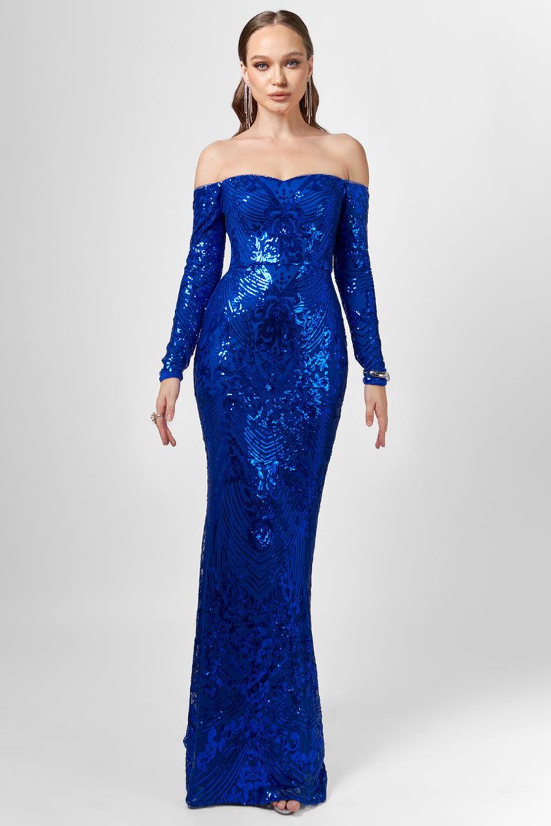 ZOYA LONG SLEEVE SEQUIN GOWN IN COBALT - CULT MIA