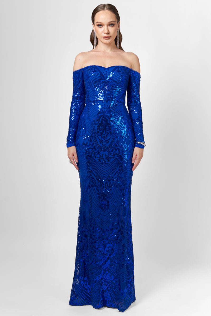 ZOYA LONG SLEEVE SEQUIN GOWN IN COBALT - CULT MIA