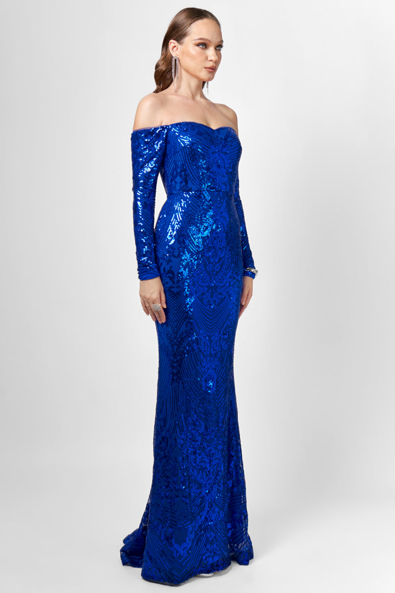 ZOYA LONG SLEEVE SEQUIN GOWN IN COBALT - CULT MIA