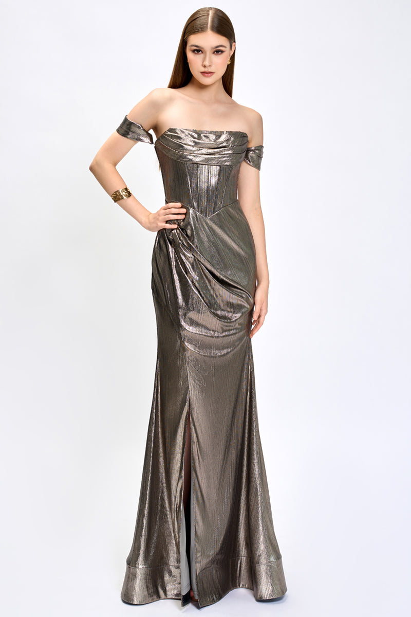BRIDIE CORSET DRAPE GOWN IN GOLD - CULT MIA