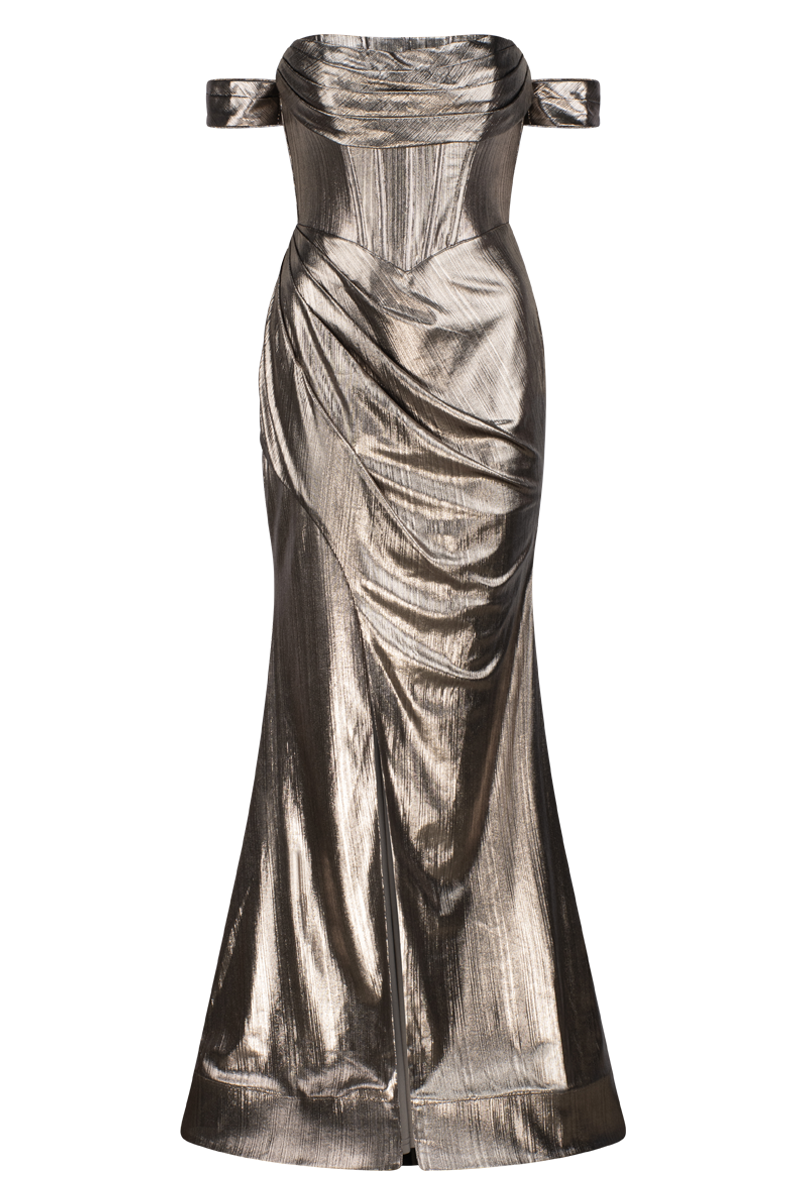 BRIDIE CORSET DRAPE GOWN IN GOLD - CULT MIA