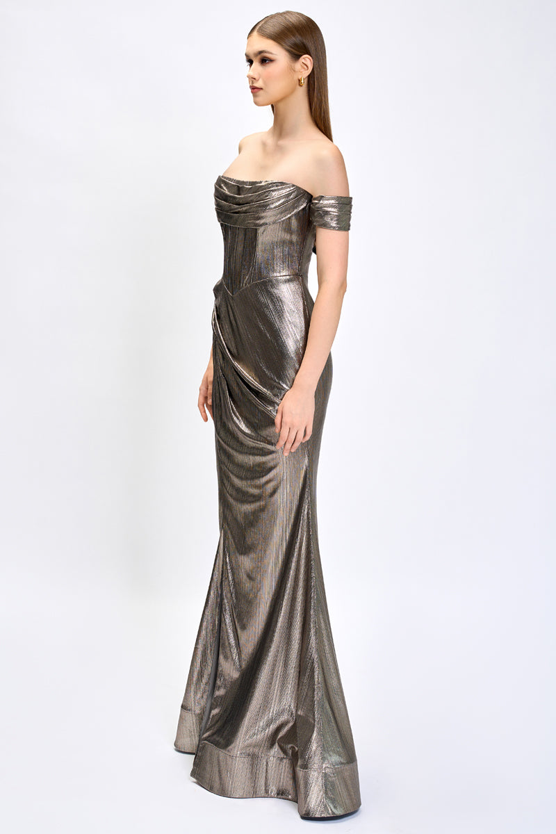 BRIDIE CORSET DRAPE GOWN IN GOLD - CULT MIA