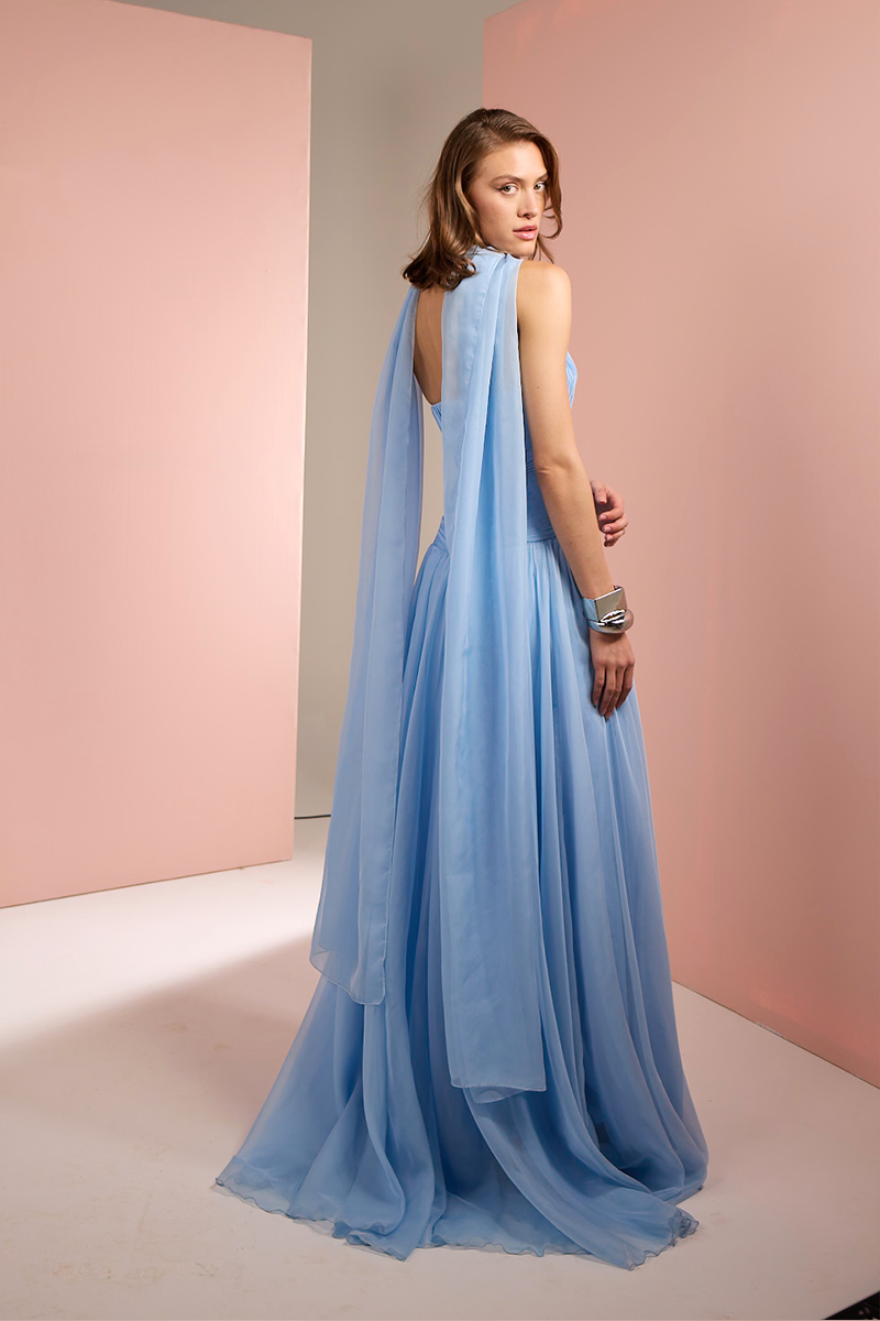 STRAPLESS GOWN WITH SCARF IN BABY BLUE - CULT MIA