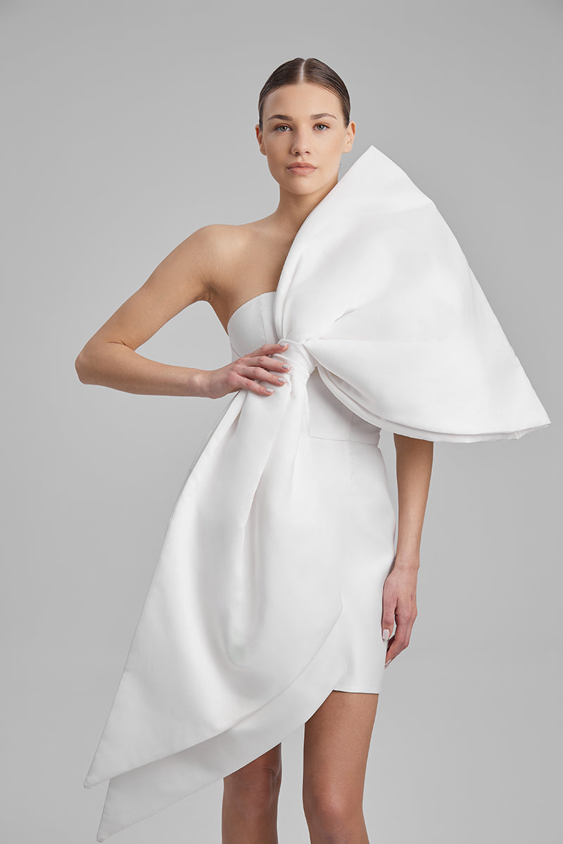 JOY WHITE MINI DRESS WITH HUGE BOW - CULT MIA