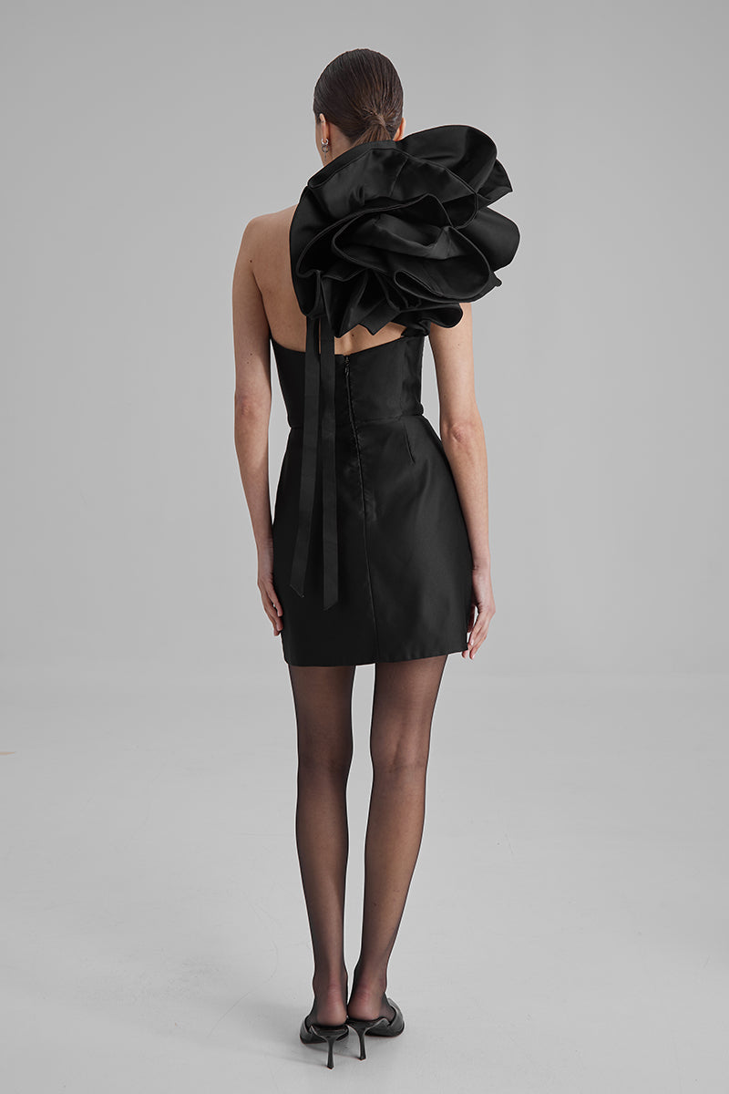 JOY BLACK MINI DRESS WITH BIG FRILL - CULT MIA