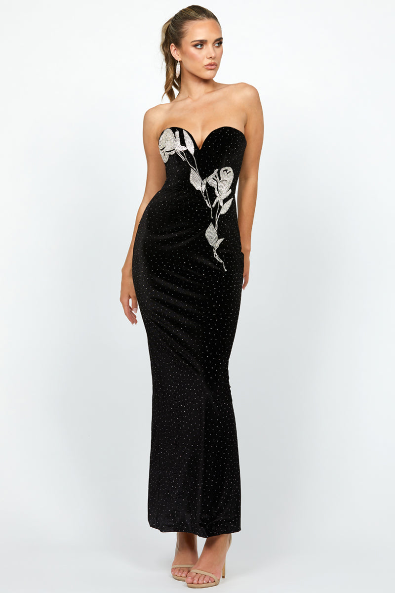 LAINEY STRAPLESS EMBELLISHED MAXI IN BLACK - CULT MIA