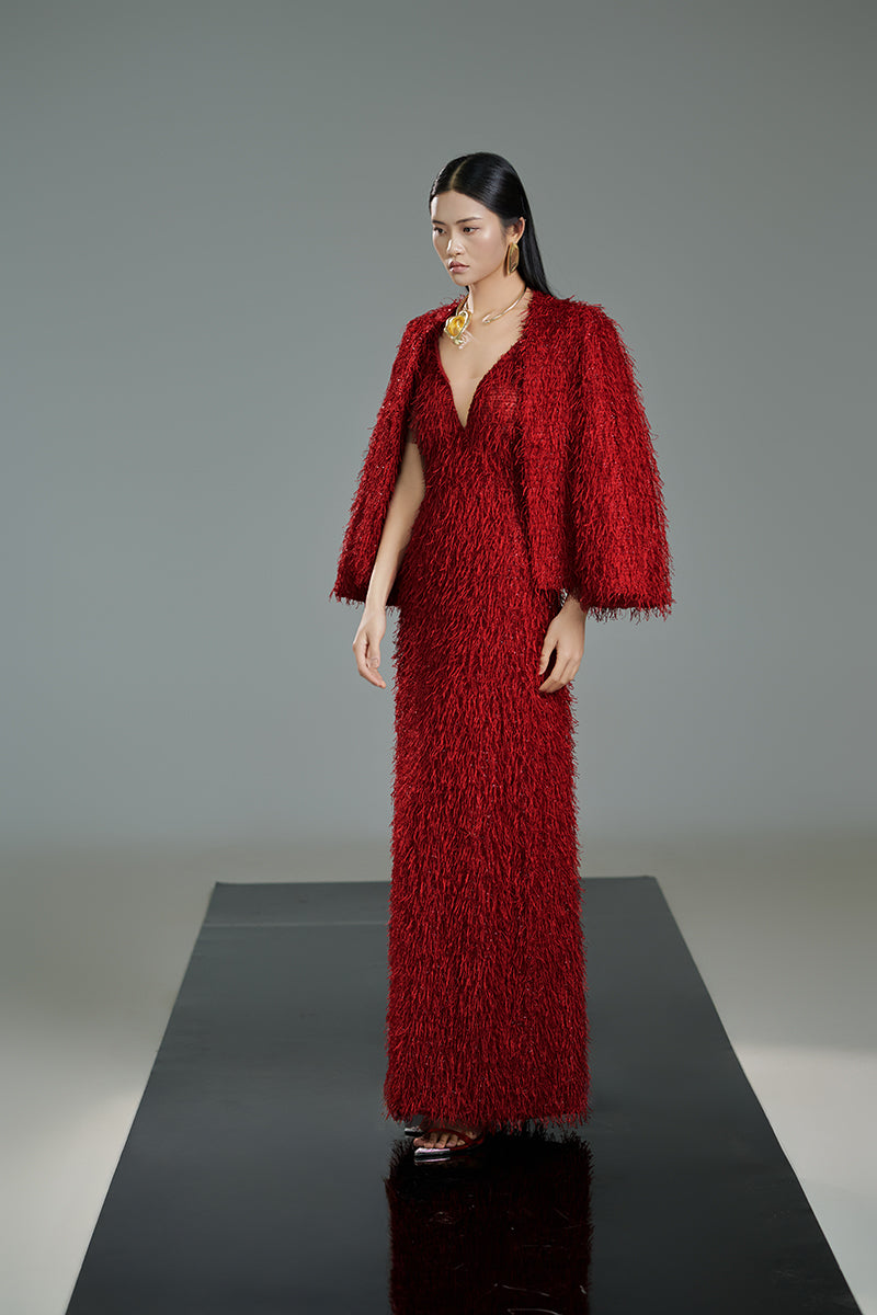 RED FEATHER CAPE MAXI SET IN RED - CULT MIA