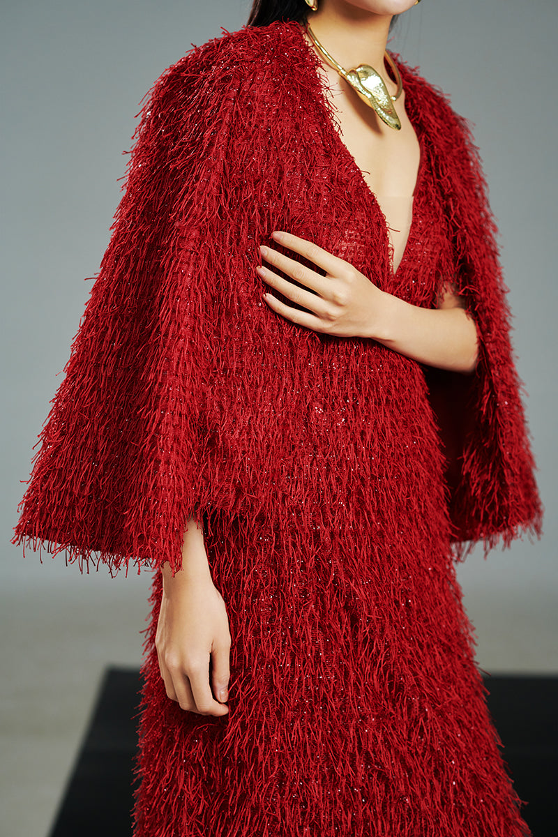 RED FEATHER CAPE MAXI SET IN RED - CULT MIA