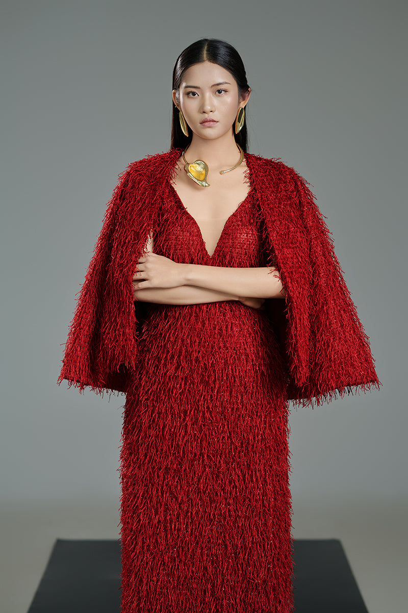 RED FEATHER CAPE MAXI SET IN RED - CULT MIA