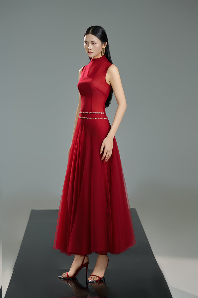 HIGH NECK ORGANZA A LINE MIDI DRESS IN RED - CULT MIA