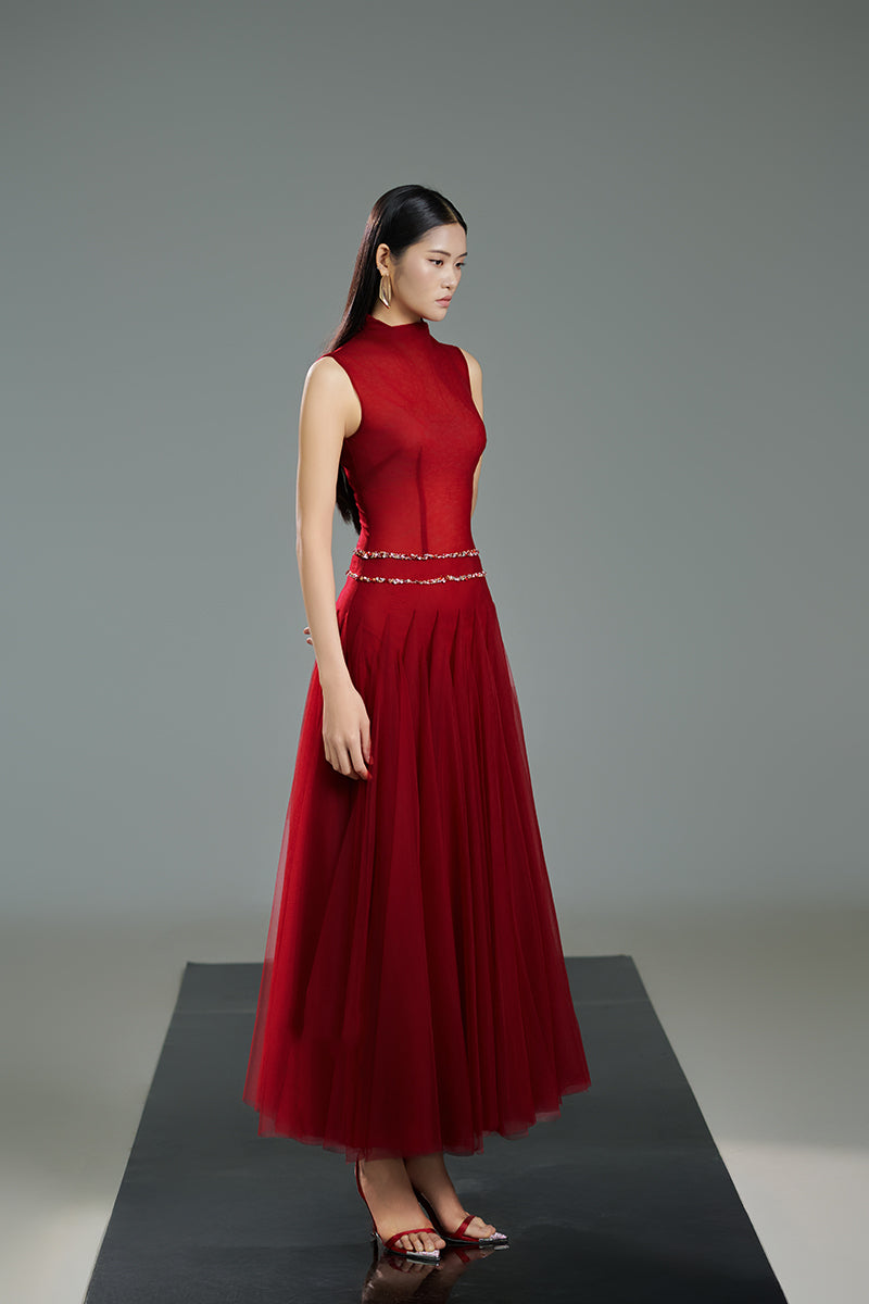 HIGH NECK ORGANZA A LINE MIDI DRESS IN RED - CULT MIA