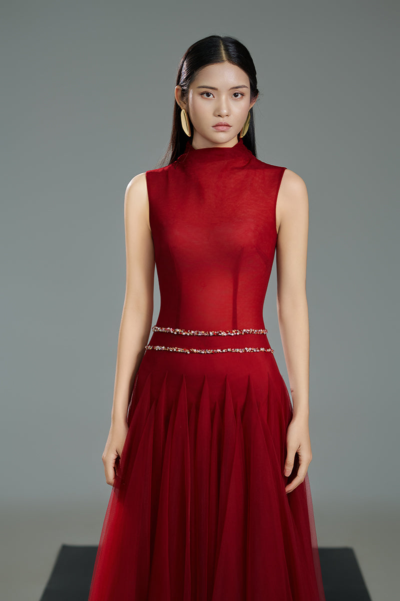 HIGH NECK ORGANZA A LINE MIDI DRESS IN RED - CULT MIA