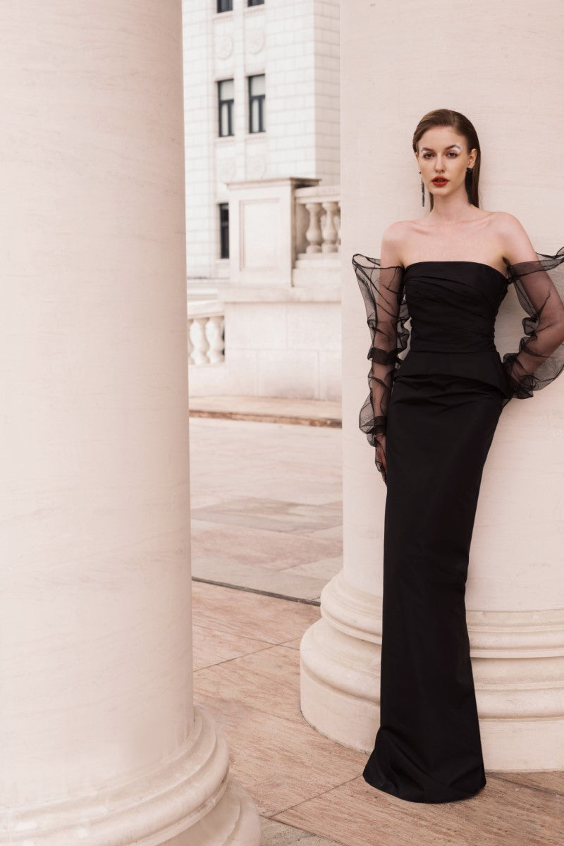 KRISTINE BLACK STRAPLESS PEPLUM GOWN - CULT MIA