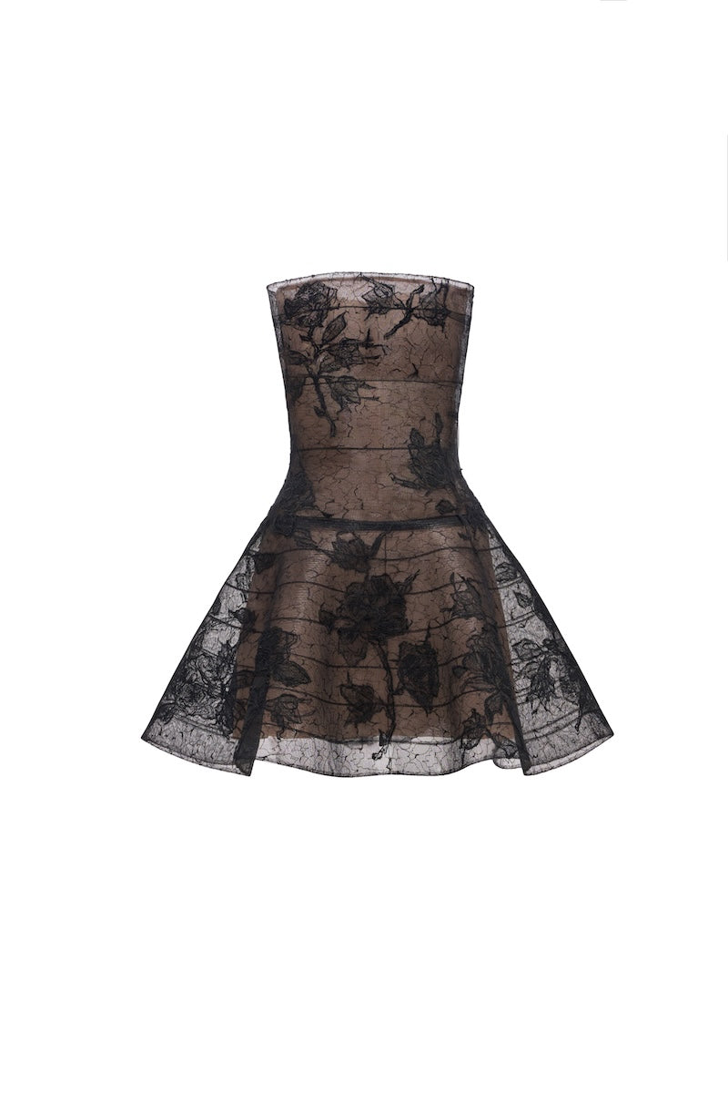 BLACK FLORAL APPLIQUÉ MINI DRESS