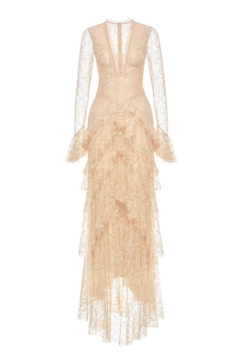 CULT MIA X MONTSAND BEIGE LACE CASCADE DRESS | CULT MIA