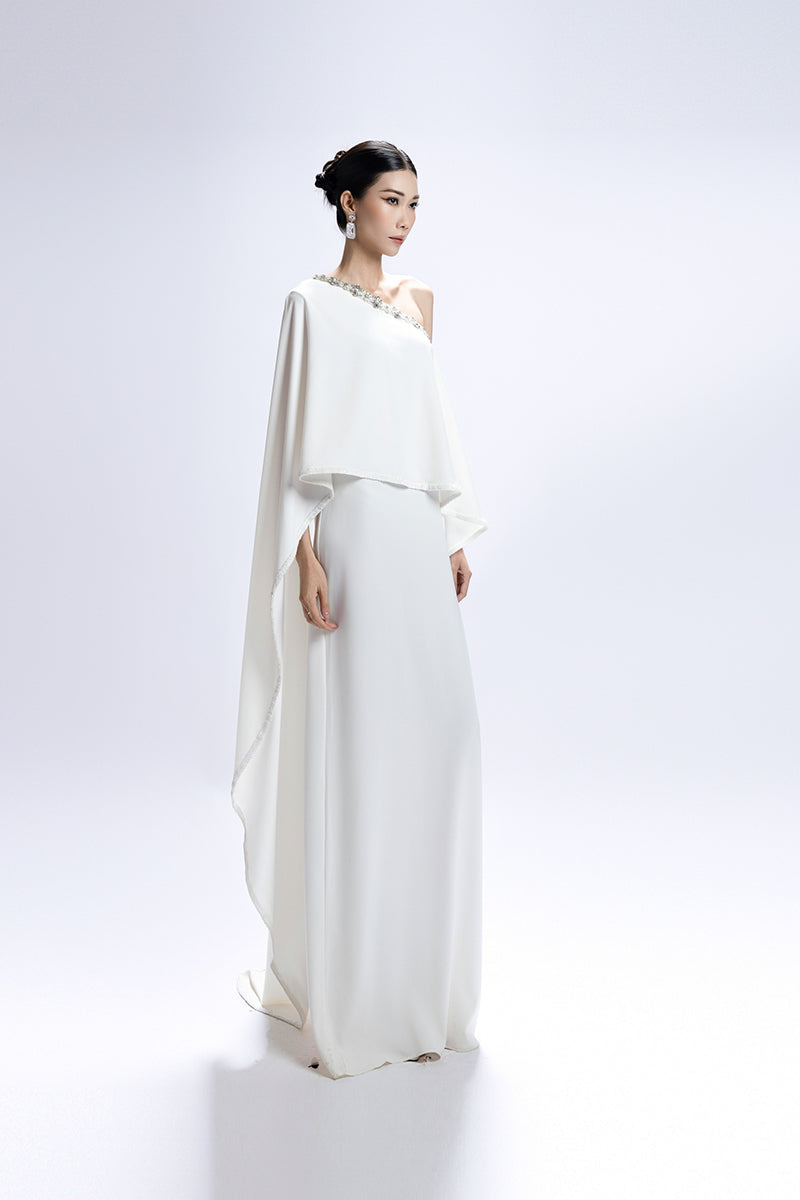 BEADED NECKLINE ASYMMETRICAL CAPE GOWN - CULT MIA