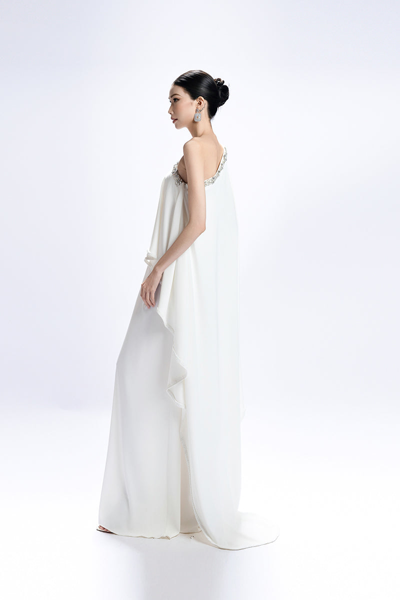 BEADED NECKLINE ASYMMETRICAL CAPE GOWN - CULT MIA