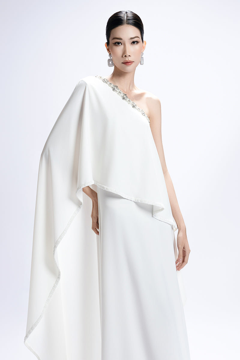 BEADED NECKLINE ASYMMETRICAL CAPE GOWN - CULT MIA