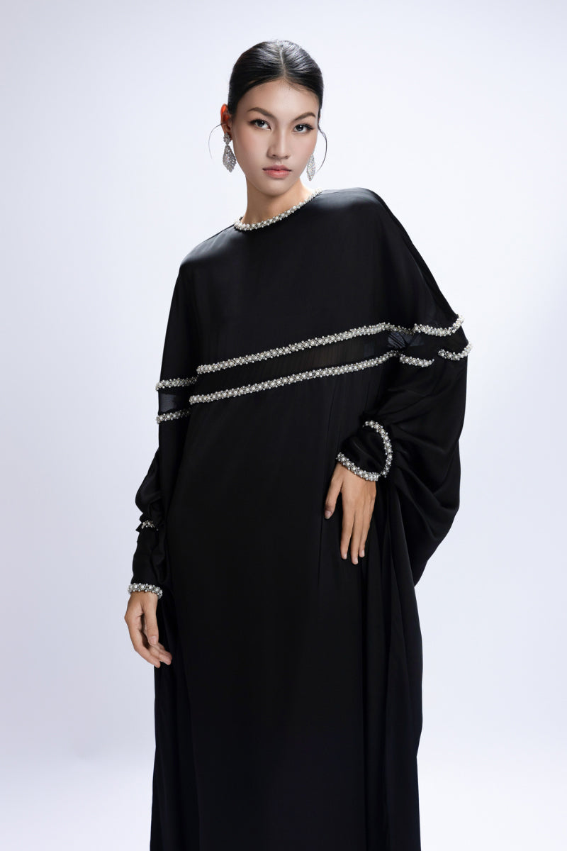 BEADED ROUND NECK MAXI DRESS IN BLACK - CULT MIA