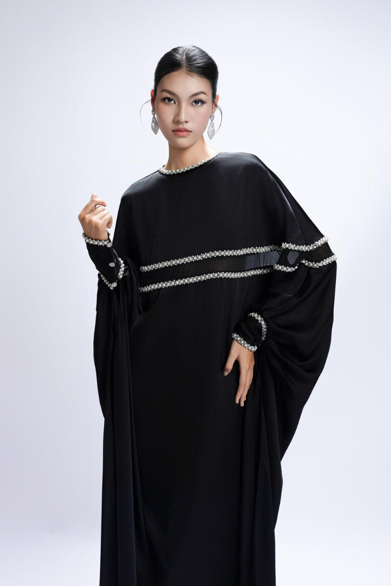 BEADED ROUND NECK MAXI DRESS IN BLACK - CULT MIA