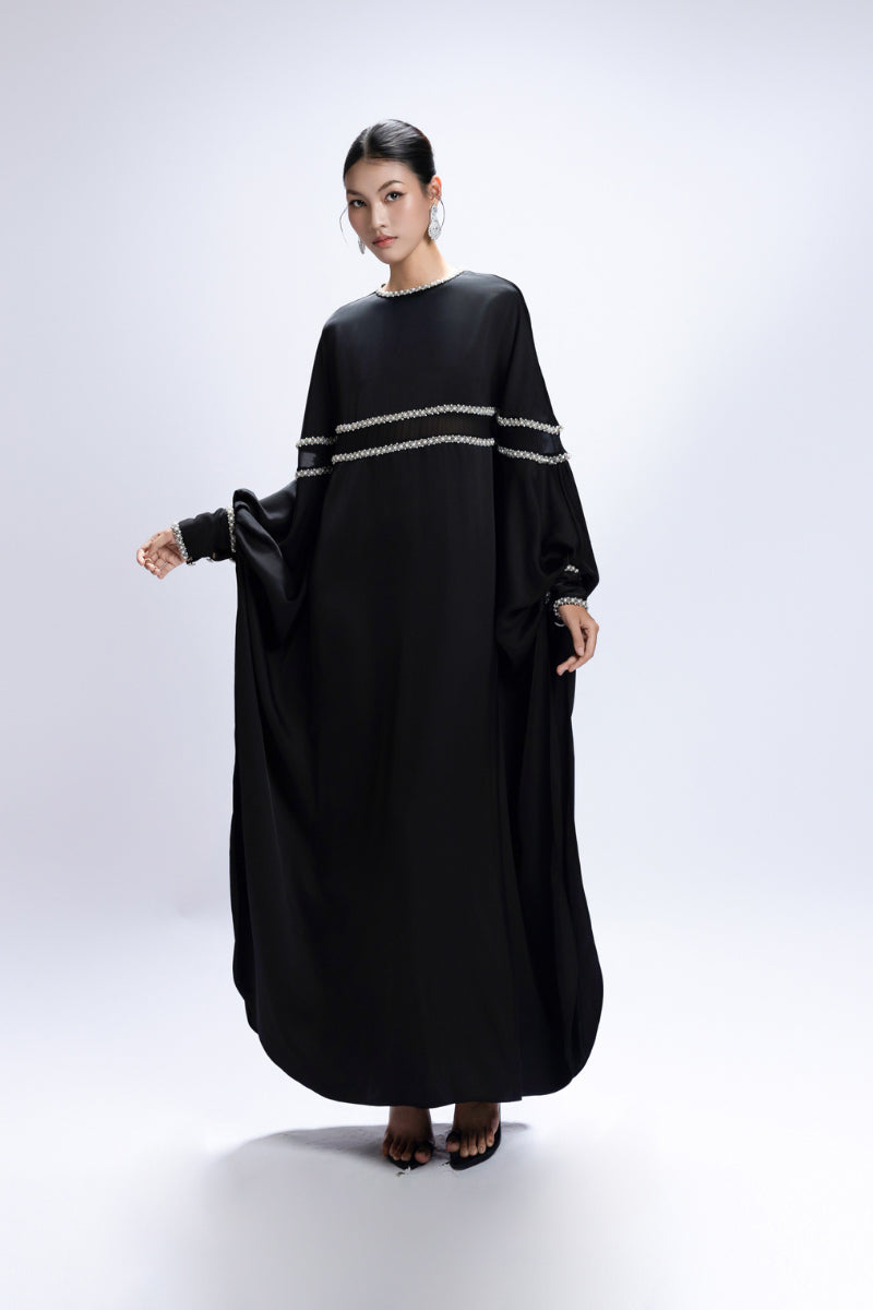 BEADED ROUND NECK MAXI DRESS IN BLACK - CULT MIA