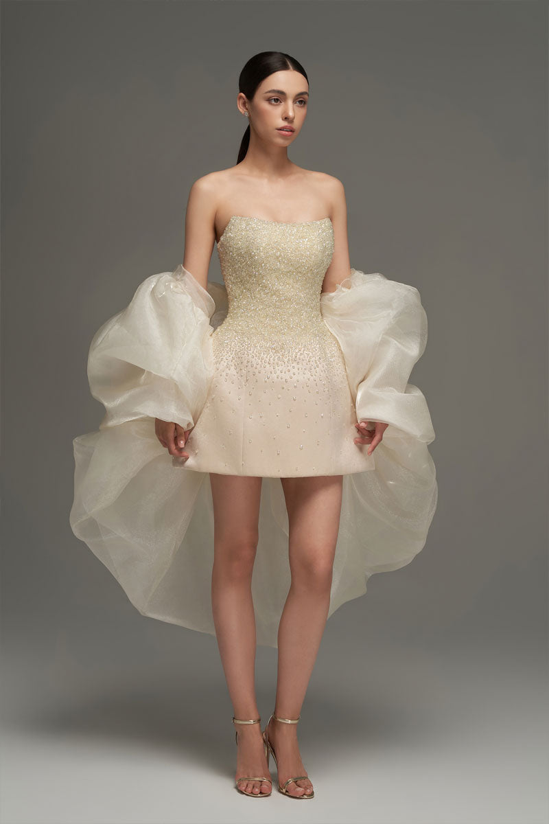 BUSTIER BEADED MINI DRESS IN BEIGE - CULT MIA