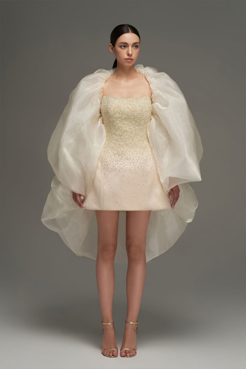 BUSTIER BEADED MINI DRESS IN BEIGE - CULT MIA