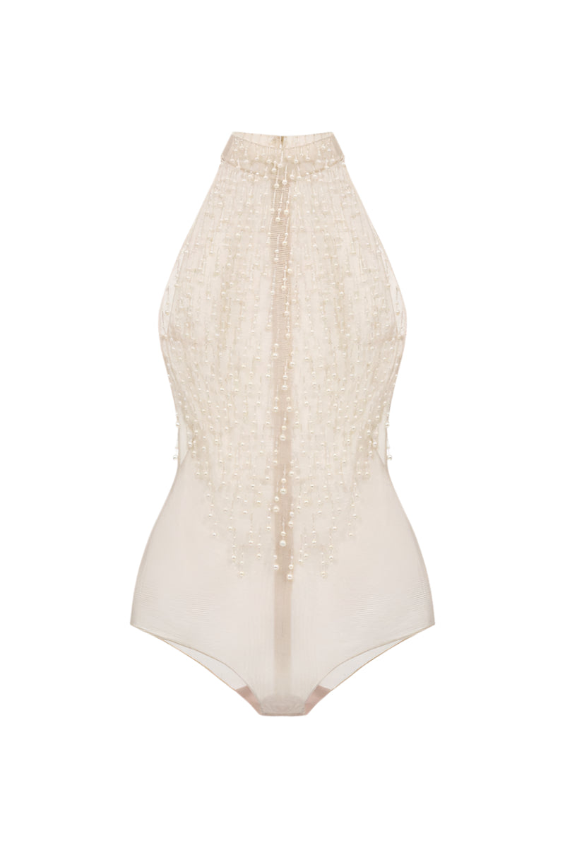 BEIGE FAUX PEARL SLEEVELESS TOP - CULT MIA