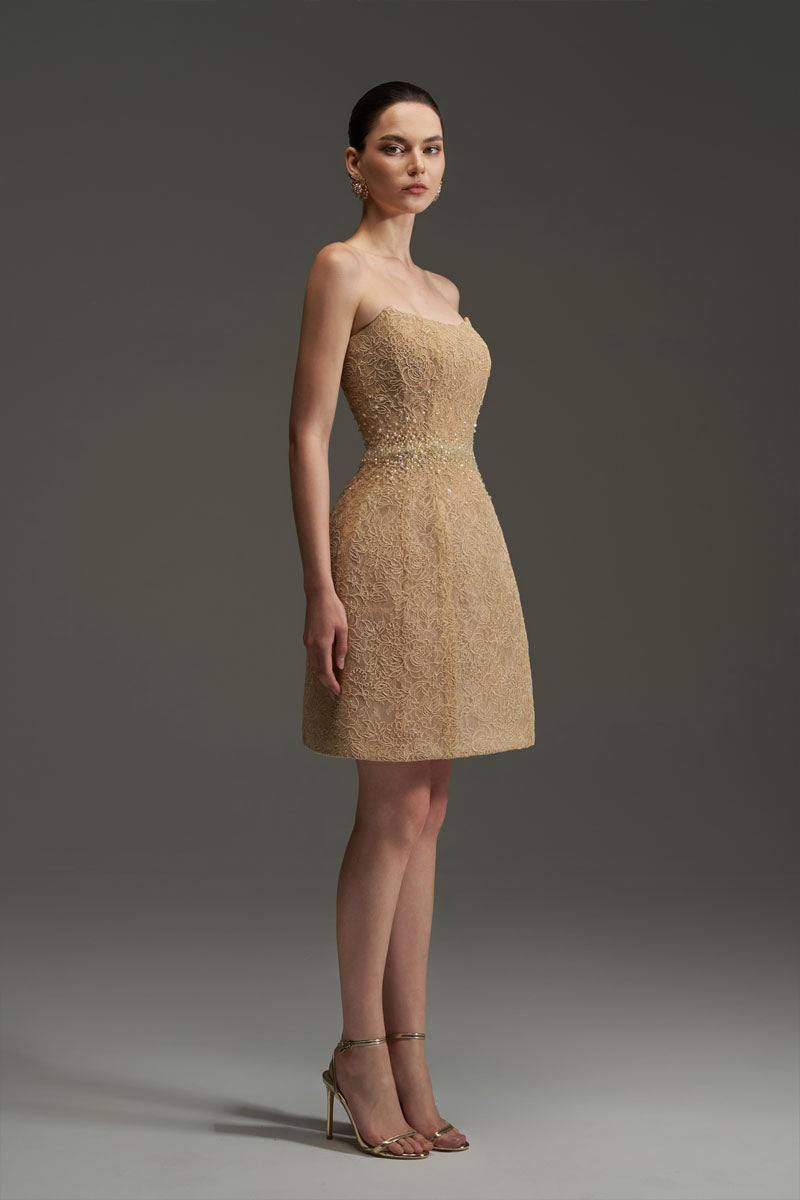 FLORAL MESH LACE DRESS IN GOLD - CULT MIA