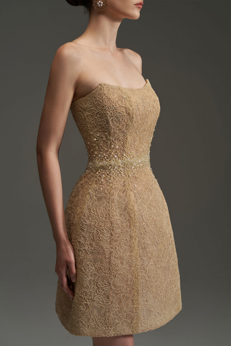 FLORAL MESH LACE DRESS IN GOLD - CULT MIA