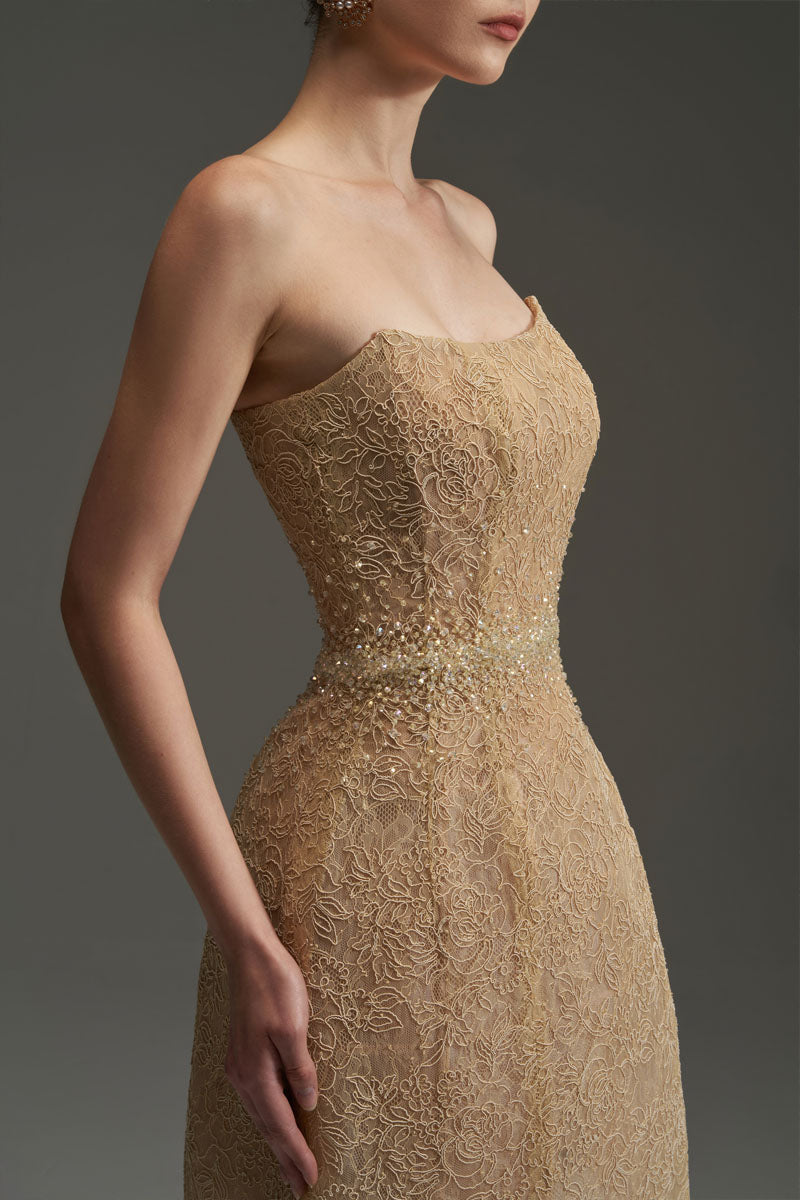 FLORAL MESH LACE DRESS IN GOLD - CULT MIA