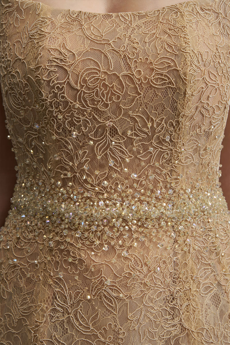 FLORAL MESH LACE DRESS IN GOLD - CULT MIA