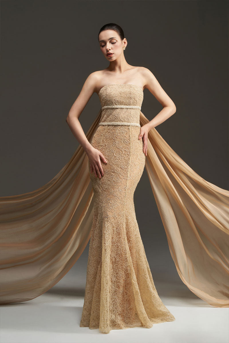 FLORAL MESH LACE AND CHIFFON DRESS IN GOLD - CULT MIA