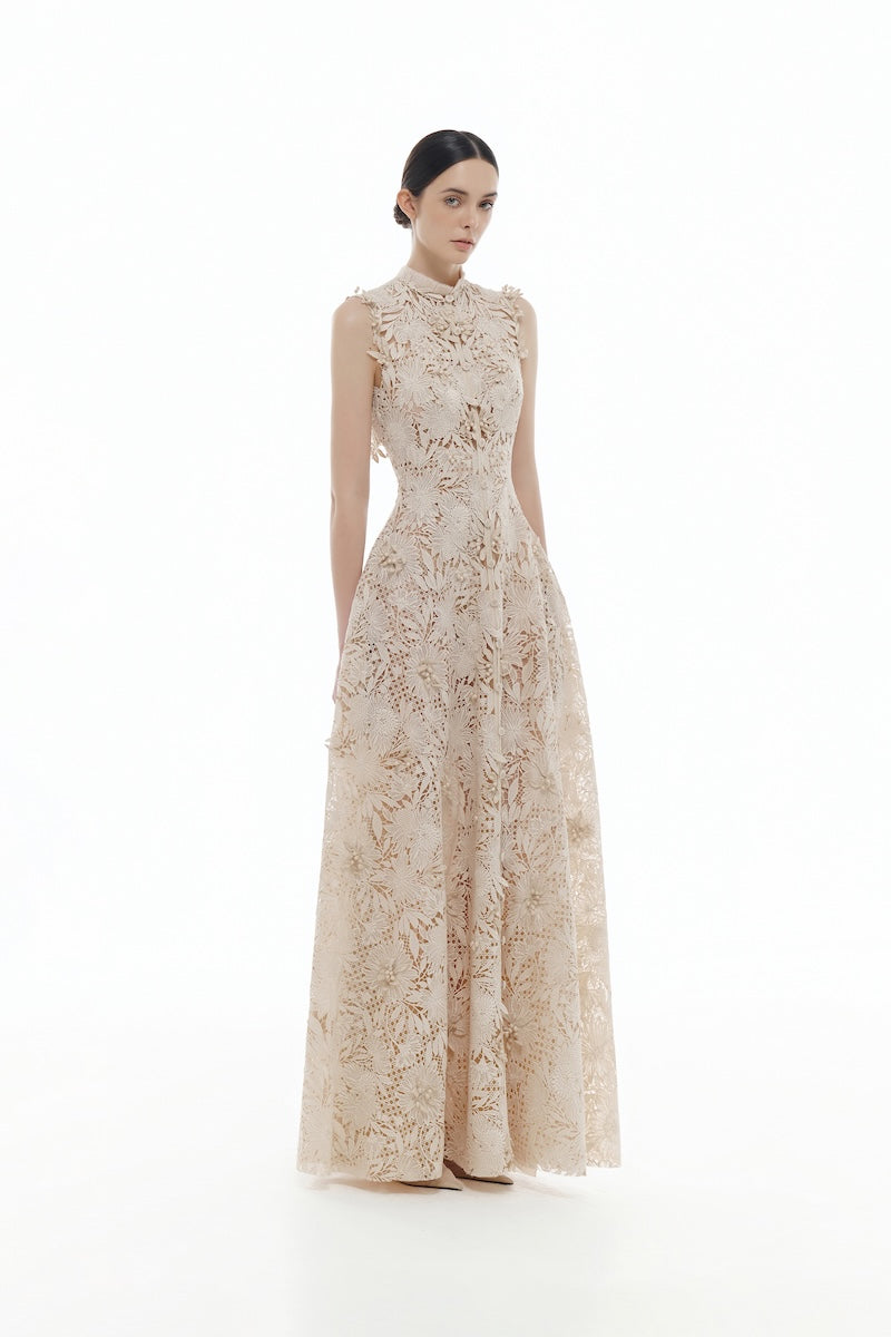 BEIGE FLOWER BEADED MAXI DRESS - CULT MIA