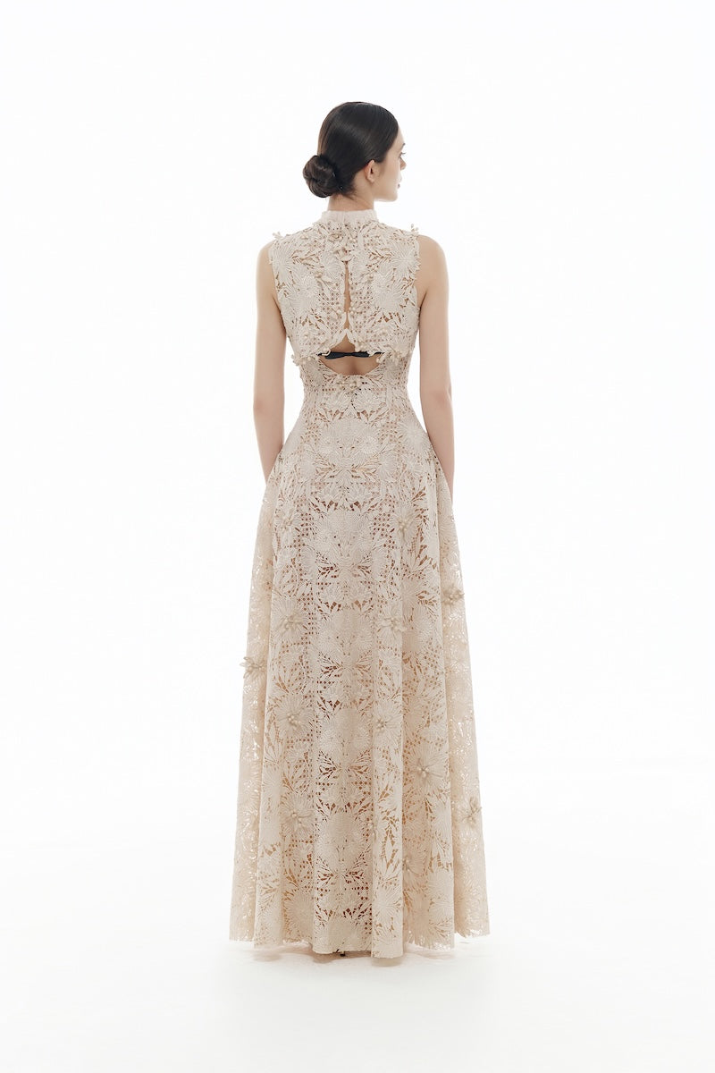 BEIGE FLOWER BEADED MAXI DRESS - CULT MIA